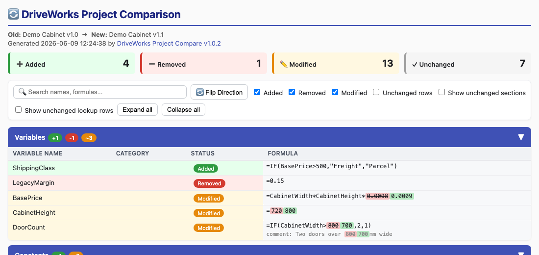 A sample DriveWorks Project Compare report