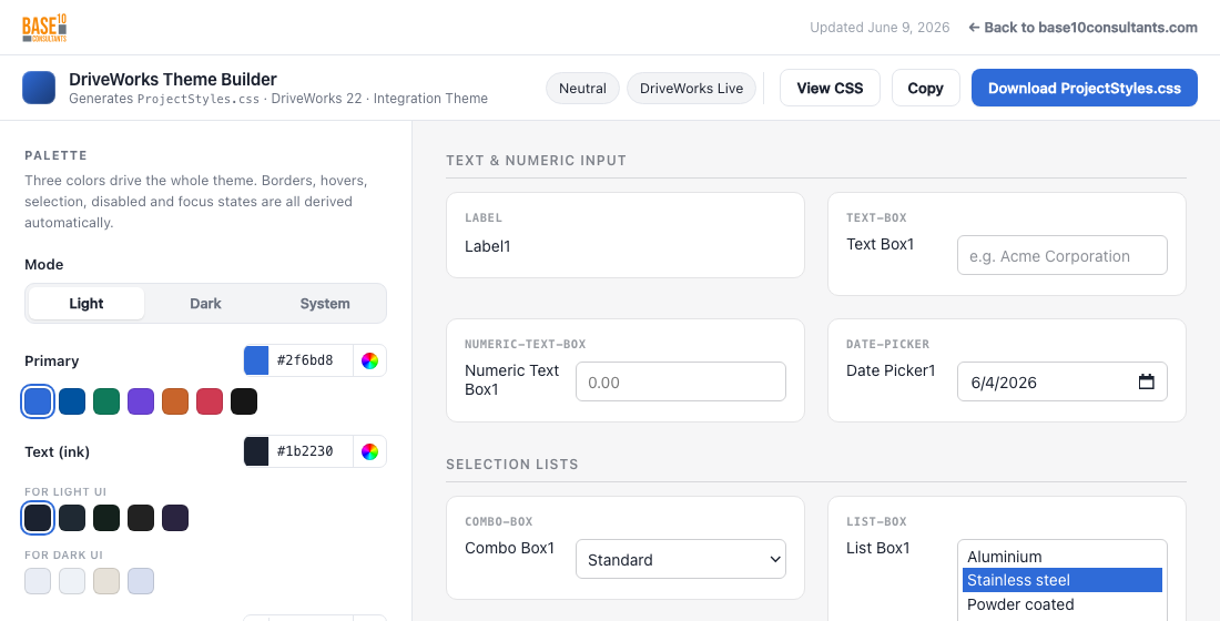 The DriveWorks Theme Builder interface