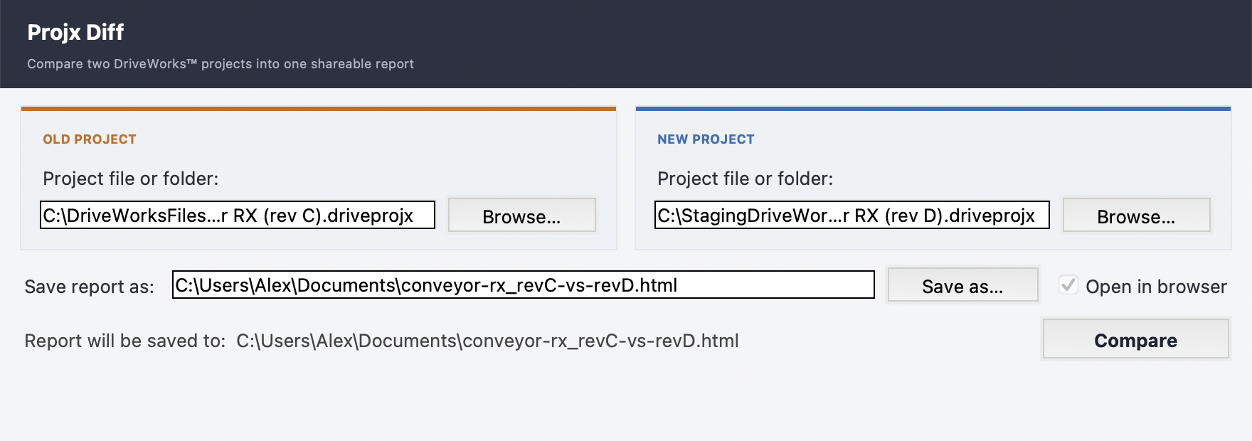 Projx Diff app window: old and new project pickers side by side with a Compare button
