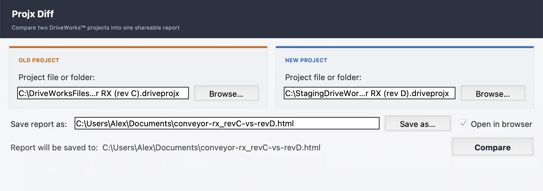 Projx Diff app window: old and new project pickers side by side with a Compare button