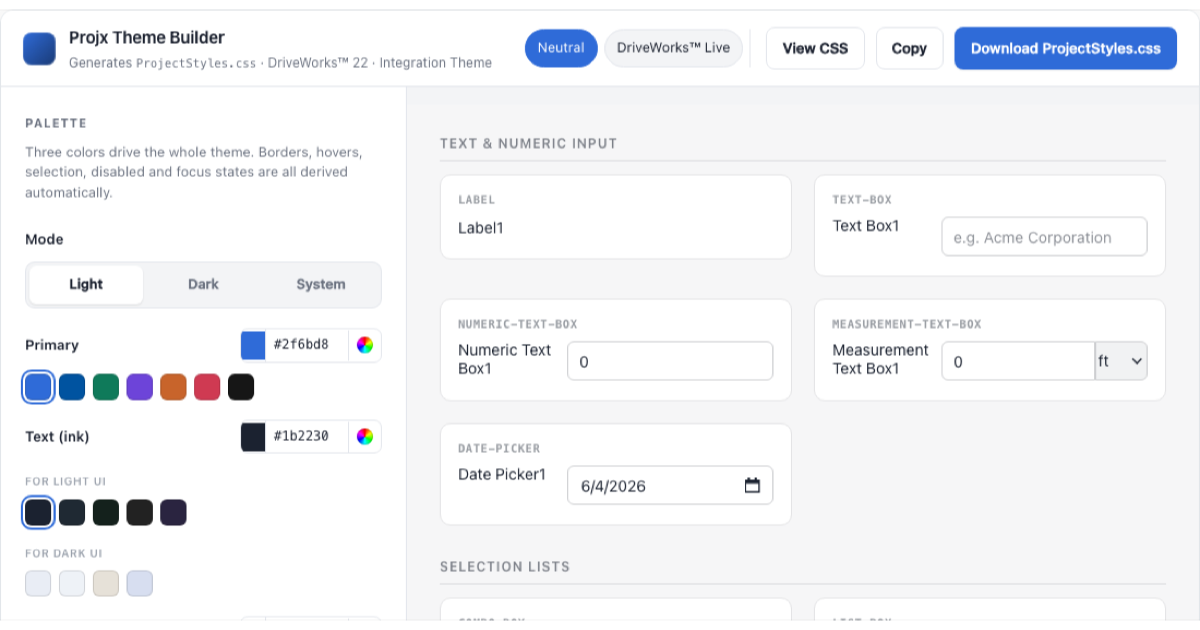 The Projx Theme Builder interface